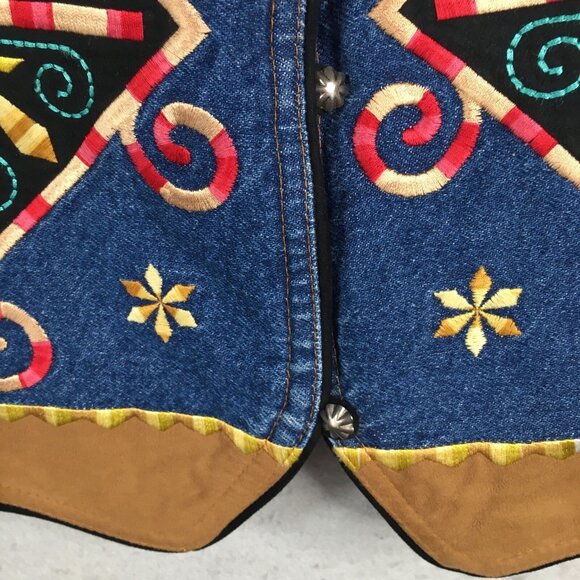 Vintage Hairston Roberson Ropa Vest Womens M  Blue Denim Embroidery Boho Art - Picture 11 of 16